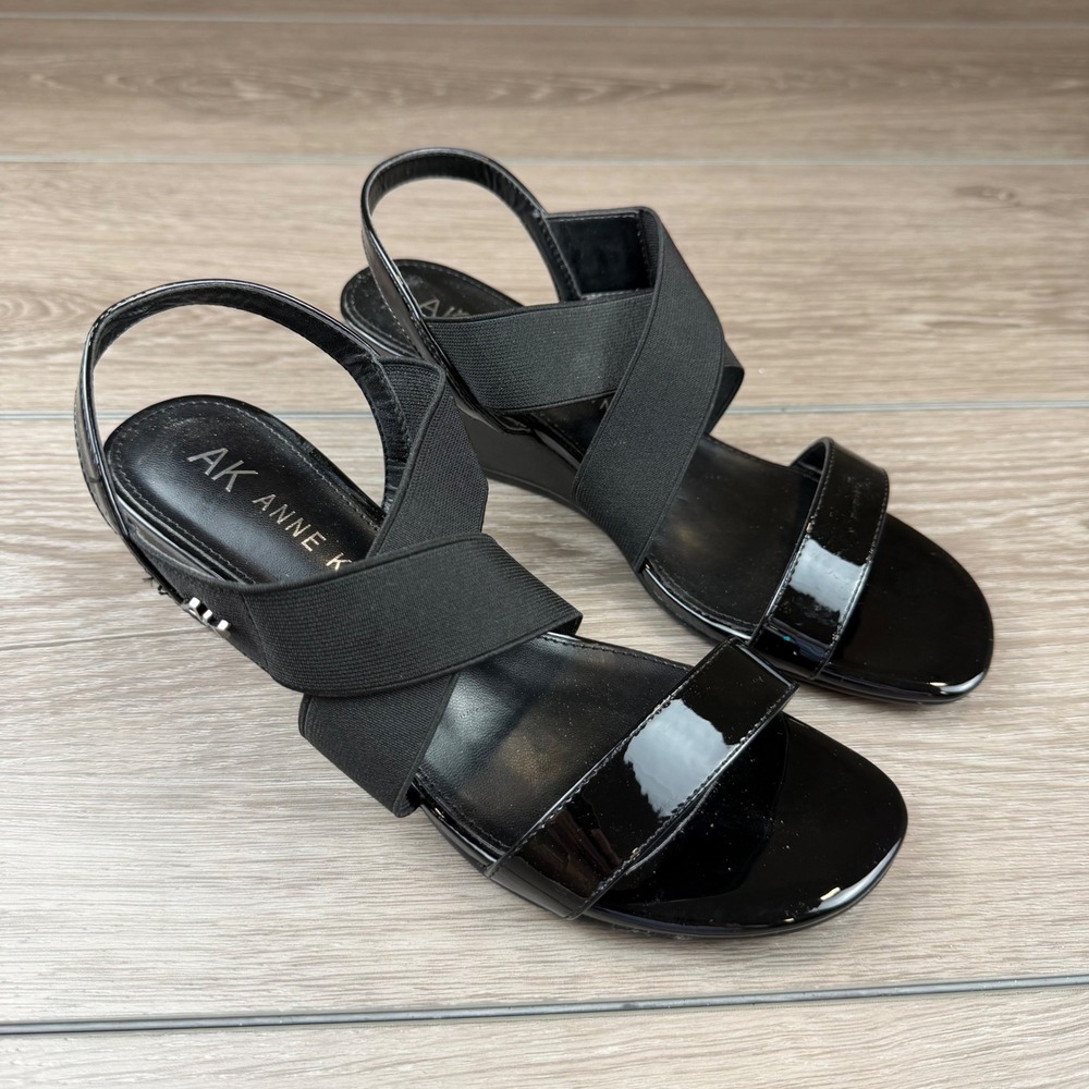 Anne Klein Womens Wedge Sandals iFlex Elastic Strappy Black 6.5M